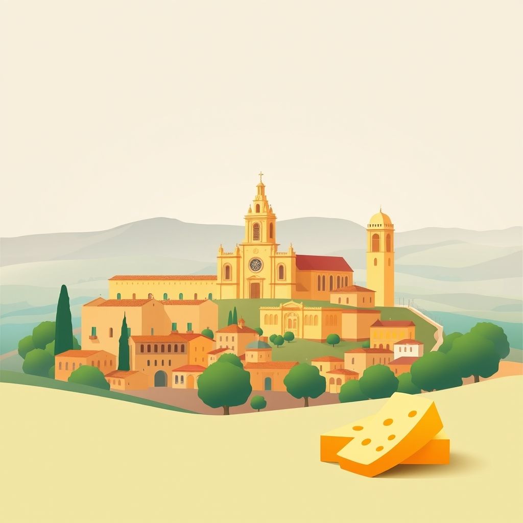 Ultra-high-definition gradient illustration of Bustares, featuring the Church of Our Lady of the Assumption, Spanish countryside, and Manchego cheese.