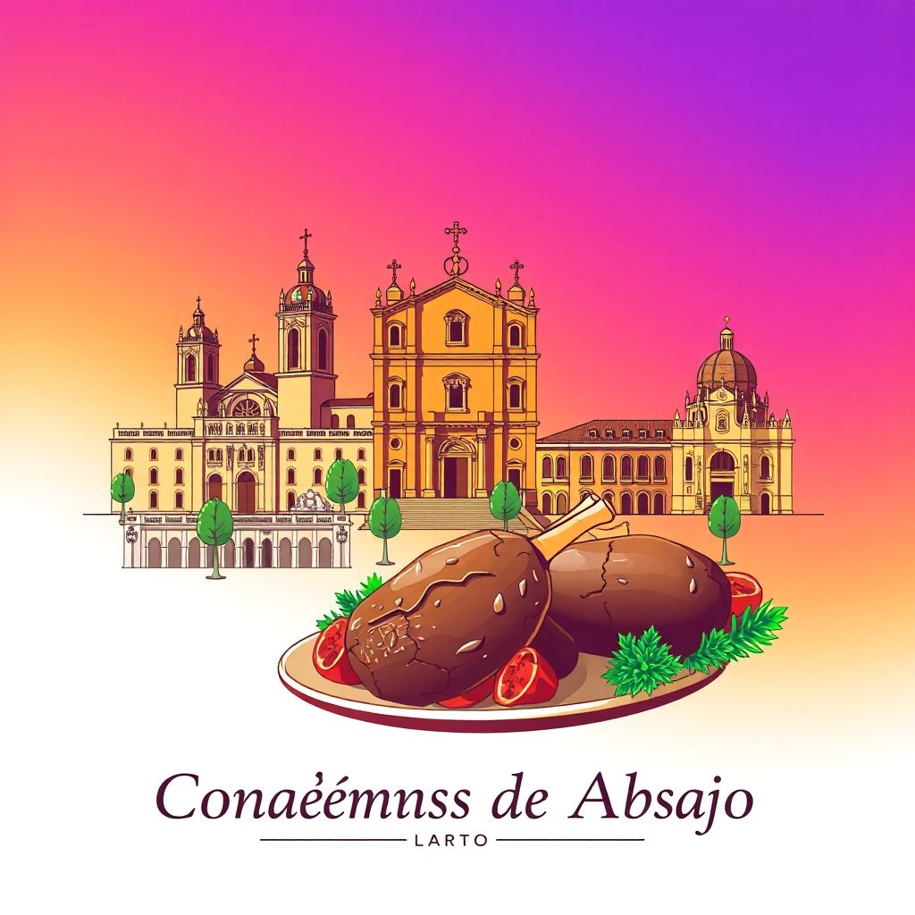 Ultra-high-definition gradient illustration of Condemios de Abajo, featuring the Church of San Pedro, Plaza Mayor, and roasted lamb, highlighting the region's unique charm.
