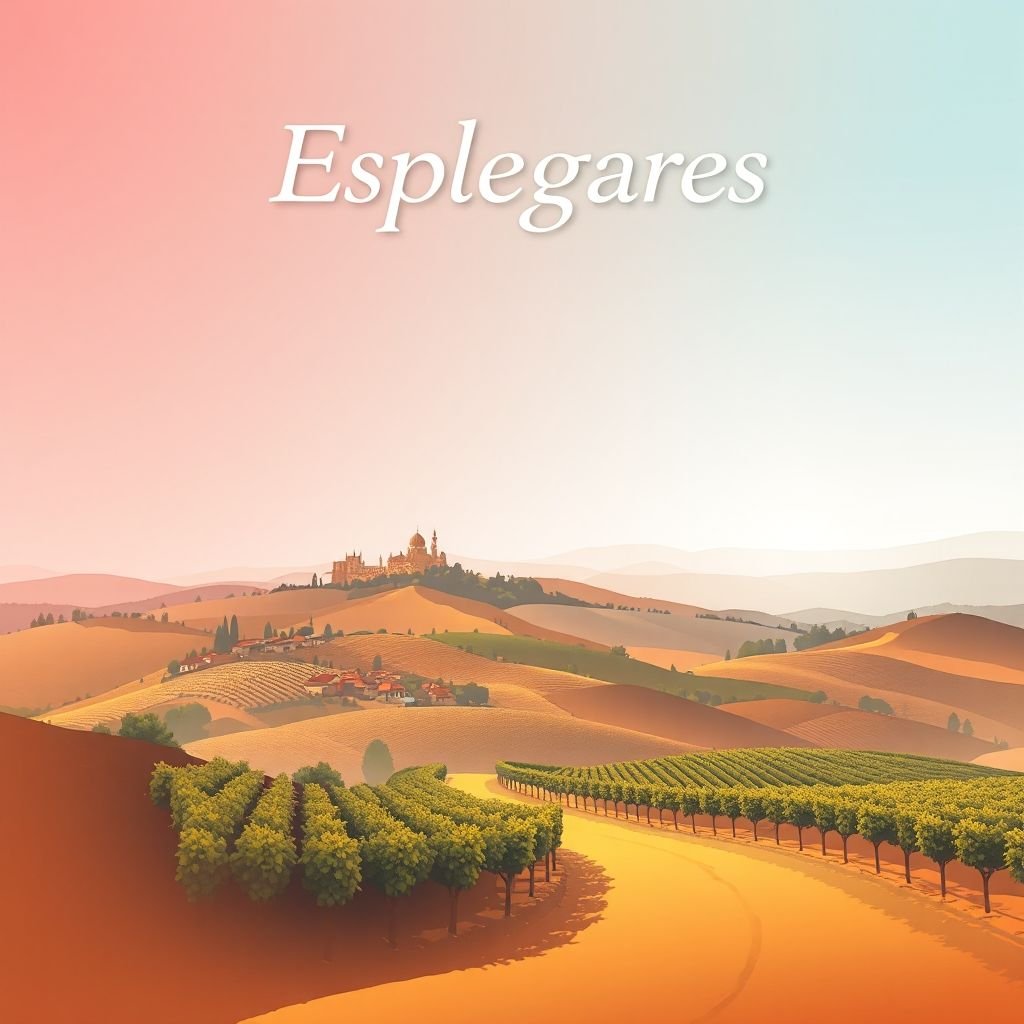 Ultra-high-definition gradient illustration of Esplegares featuring rolling hills, vineyards, and Manchego cheese.