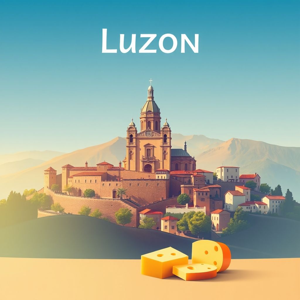Ultra-high-definition gradient illustration of Luzón, featuring the Church of Our Lady of the Assumption, scenic landscapes, and Manchego cheese.