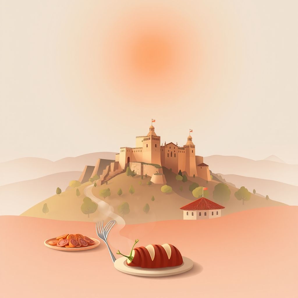 Ultra-high-definition gradient illustration of Pálmaces de Jadraque featuring Castillo de Jadraque, landscapes, and cochinillo asado.