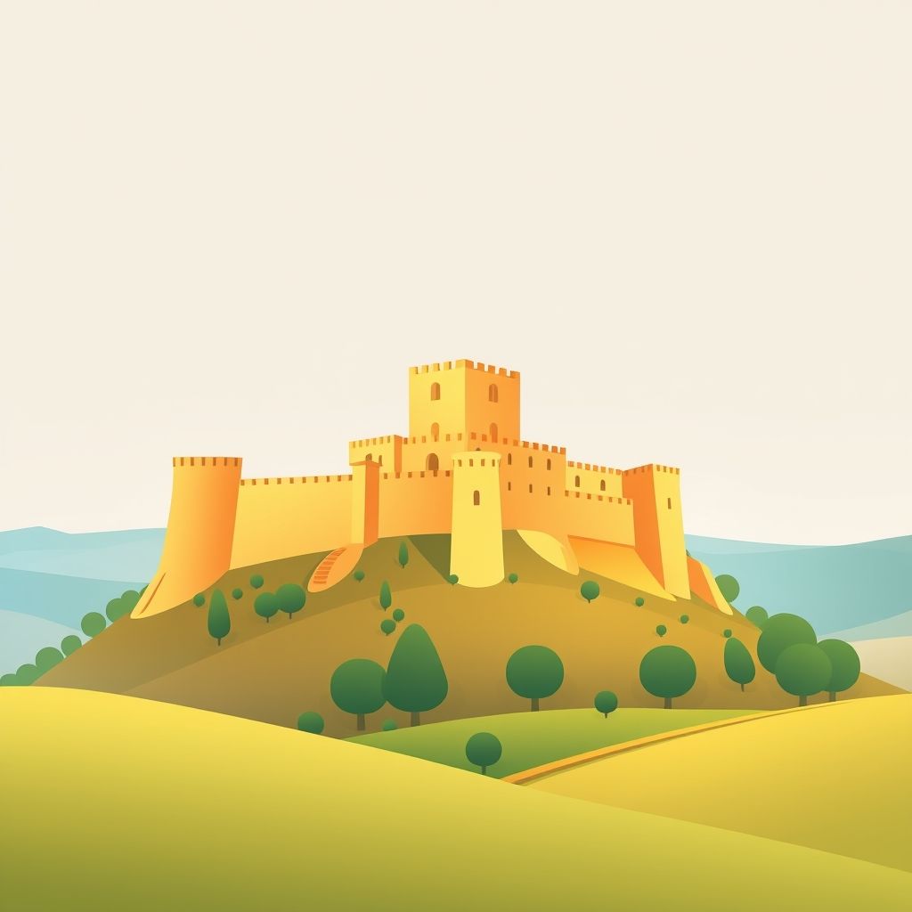 Ultra-high-definition gradient illustration of Pinilla de Jadraque, featuring Castillo de Jadraque, countryside, and pisto manchego.