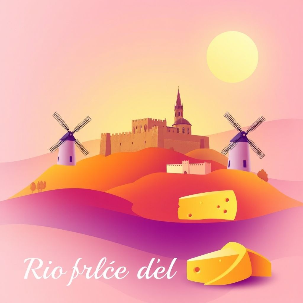 Ultra-high-definition gradient illustration of Riofrío del Llano featuring the Castle of Belmonte, historic windmills, and Manchego cheese.