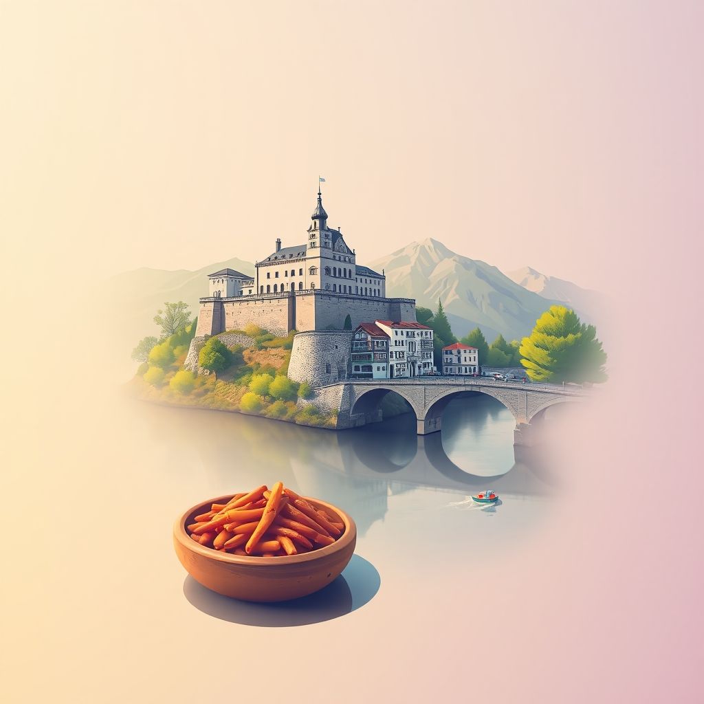 Ultra-high-definition gradient illustration of Canal de Berdún, featuring the Castle of Berdún, Pyrenees mountains, and Ternasco de Aragón.