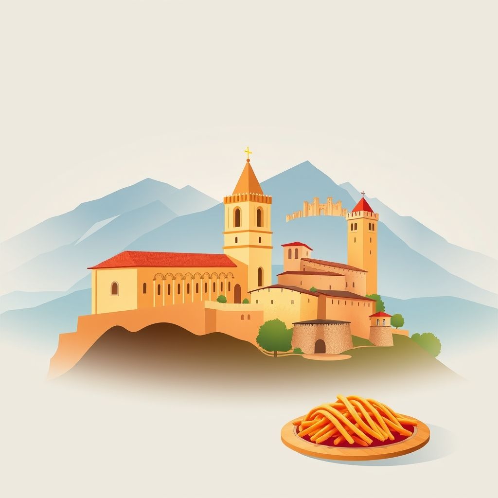 Ultra-high-definition gradient illustration of Castejón del Puente, featuring the Church of San Miguel, Pyrenees mountains, Castle of Loarre, and Ternasco de Aragón.