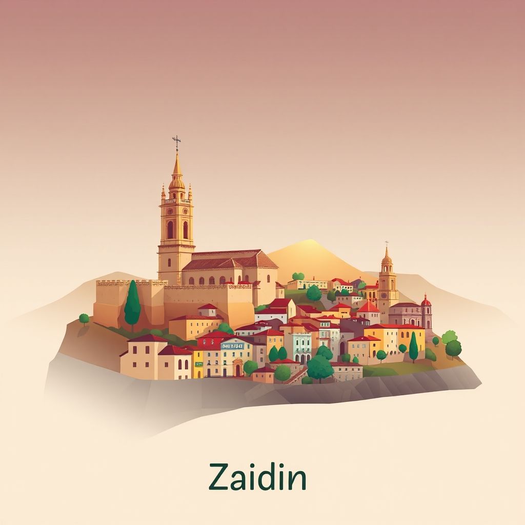 Ultra-high-definition gradient illustration style Zaidín illustration, showing the unique charm of the Church of San Pedro, the historic old town and Ternasco de Aragón.