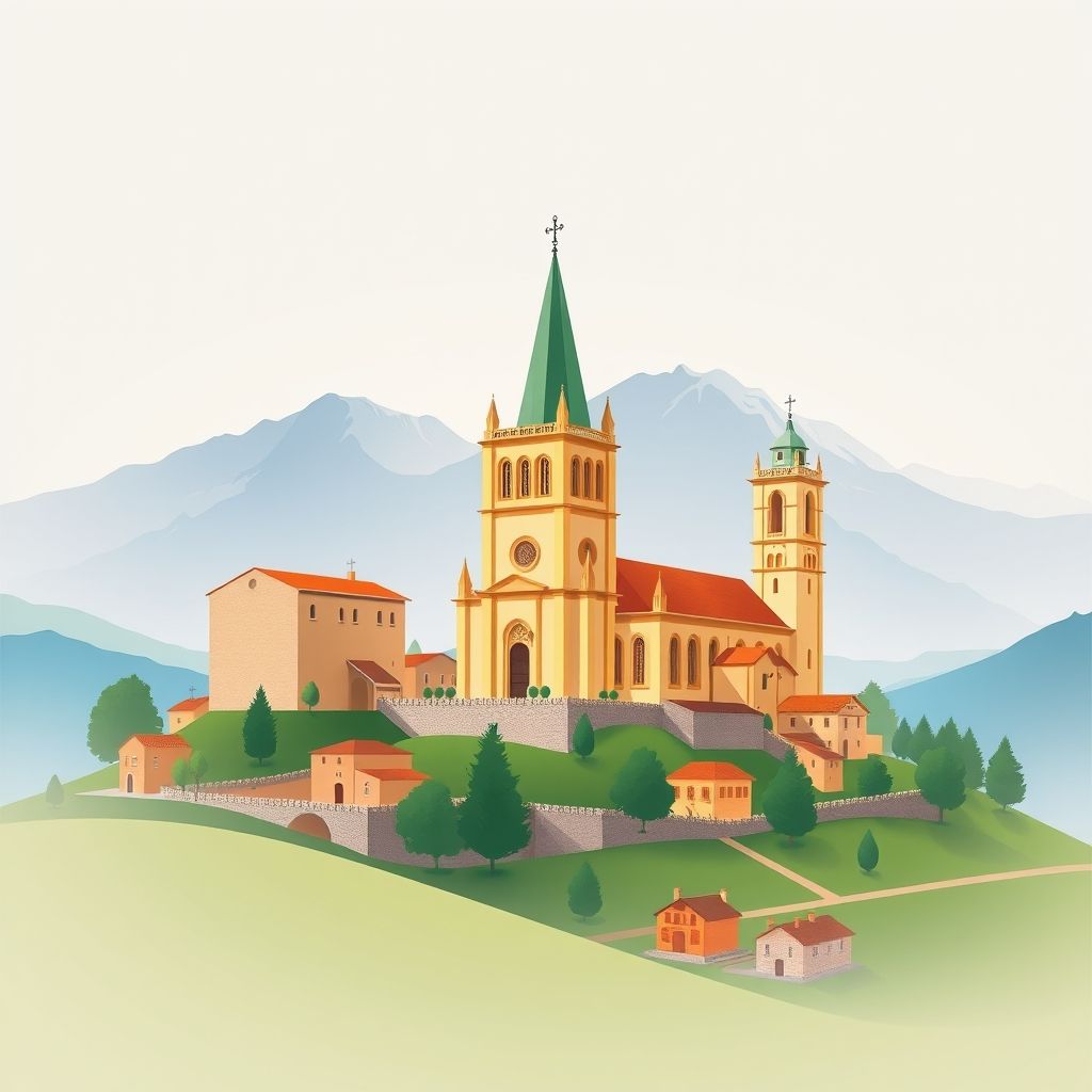 Ultra-high-definition gradient illustration of Sarriés/Sartze, featuring the Church of San Martín de Tours, Pyrenees mountains, Baztan Valley, and local cuisine like trout and Idiazabal cheese.