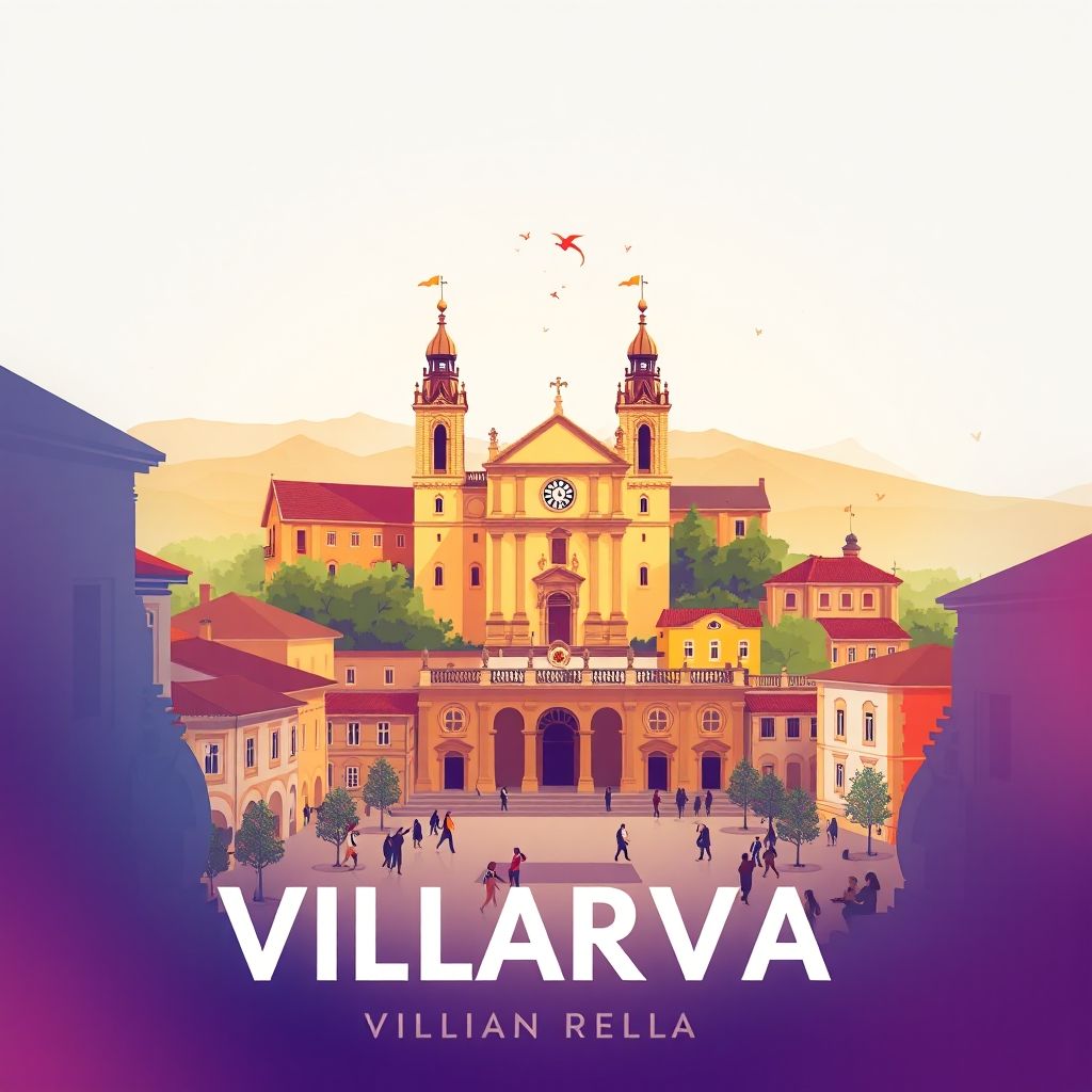 Ultra-high-definition gradient illustration of Villava/Atarrabia, Spain, featuring the Church of San Andrés, Plaza Consistorial, Basque dance, and pintxos.