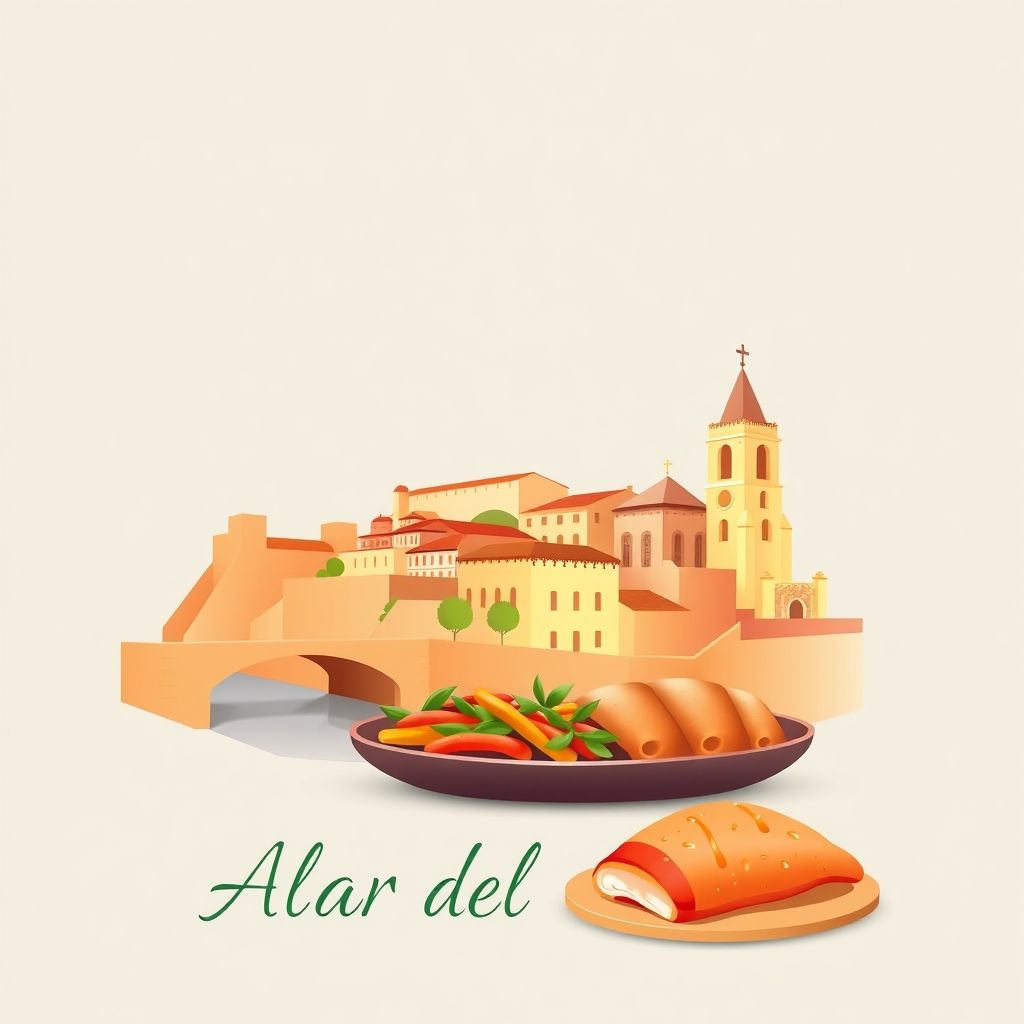 Gradient illustration of Alar del Rey with Canal de Castilla, Church of San Martín de Tours, and lechazo asado.