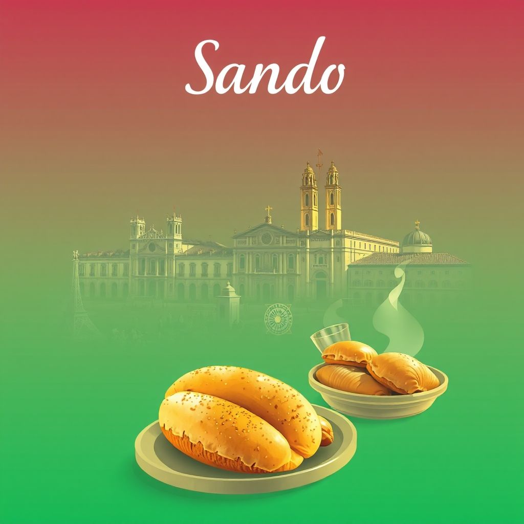 Ultra-high-definition gradient illustration of Sando featuring Plaza Mayor, historic churches, and hornazo, highlighting its cultural charm.
