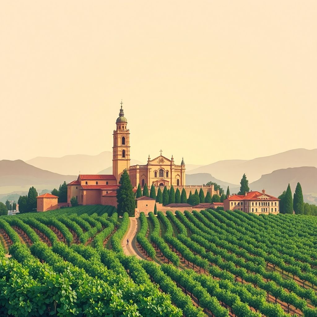 Ultra-high-definition gradient illustration of Villar de Samaniego, featuring the Church of San Sebastian, vineyards, and the region's famous wine.
