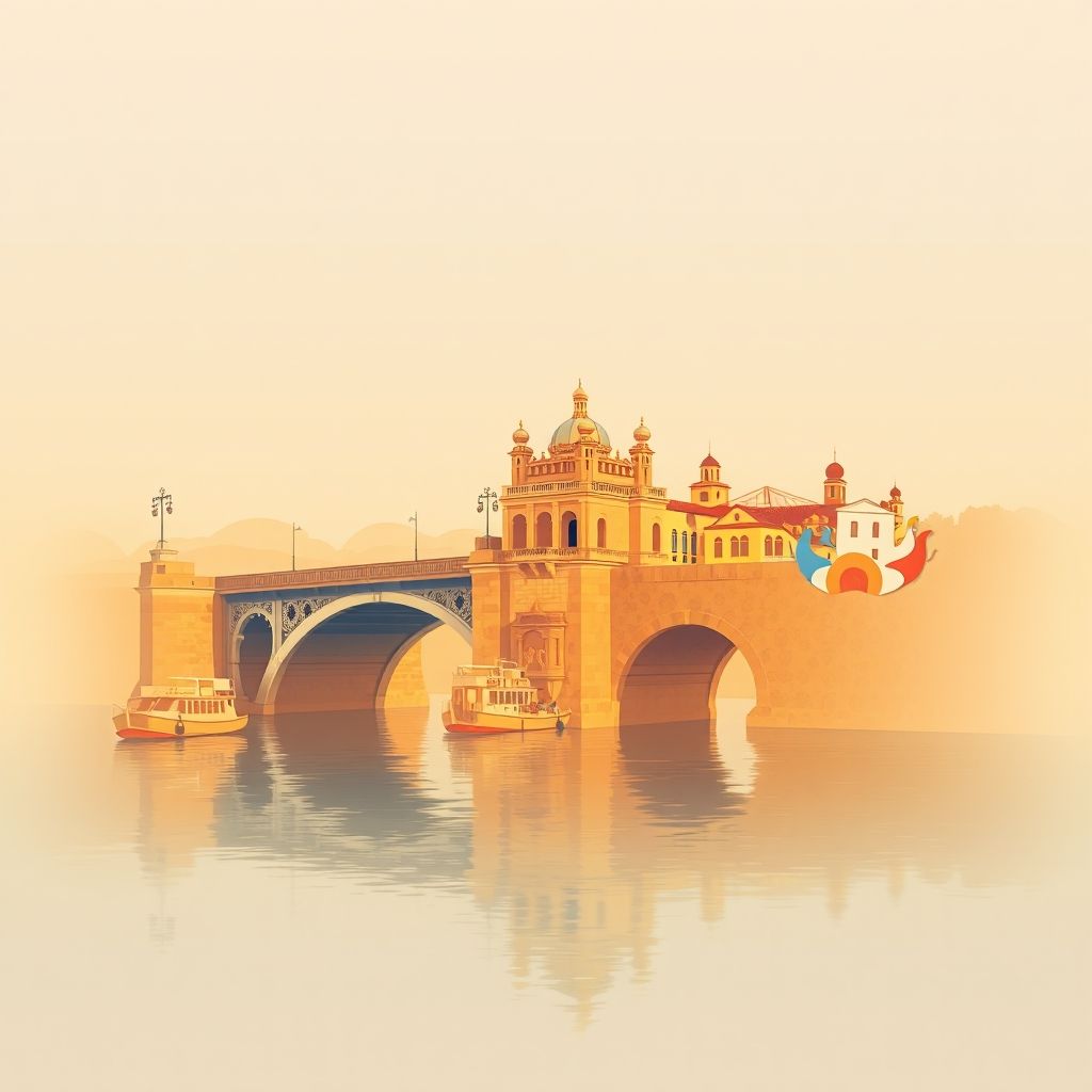 Ultra-high-definition gradient illustration of Alcolea del Río, showcasing the Alcolea del Río Bridge, Guadalquivir River, gazpacho, and flamenco elements.