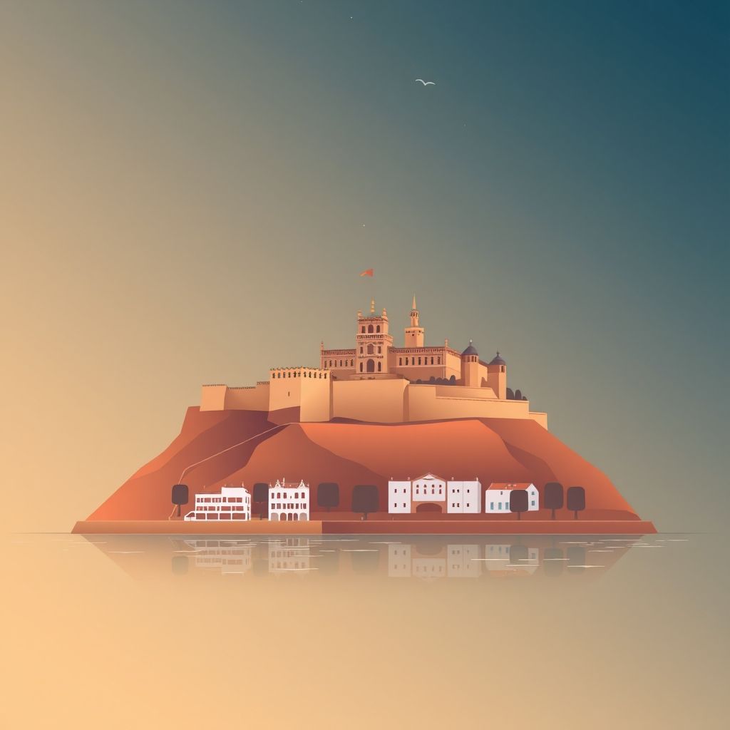 Gradient illustration of Villanueva del Río y Minas with Castillo de Alba, Guadalquivir River, and Secreto Ibérico, highlighting regional culture.