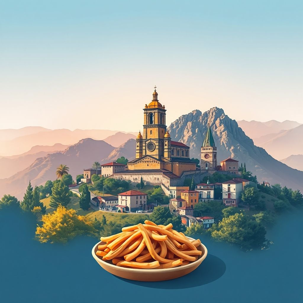 Ultra-high-definition gradient illustration of Rillo, showcasing the Church of San Clemente, mountain landscapes, and ternasco dish.