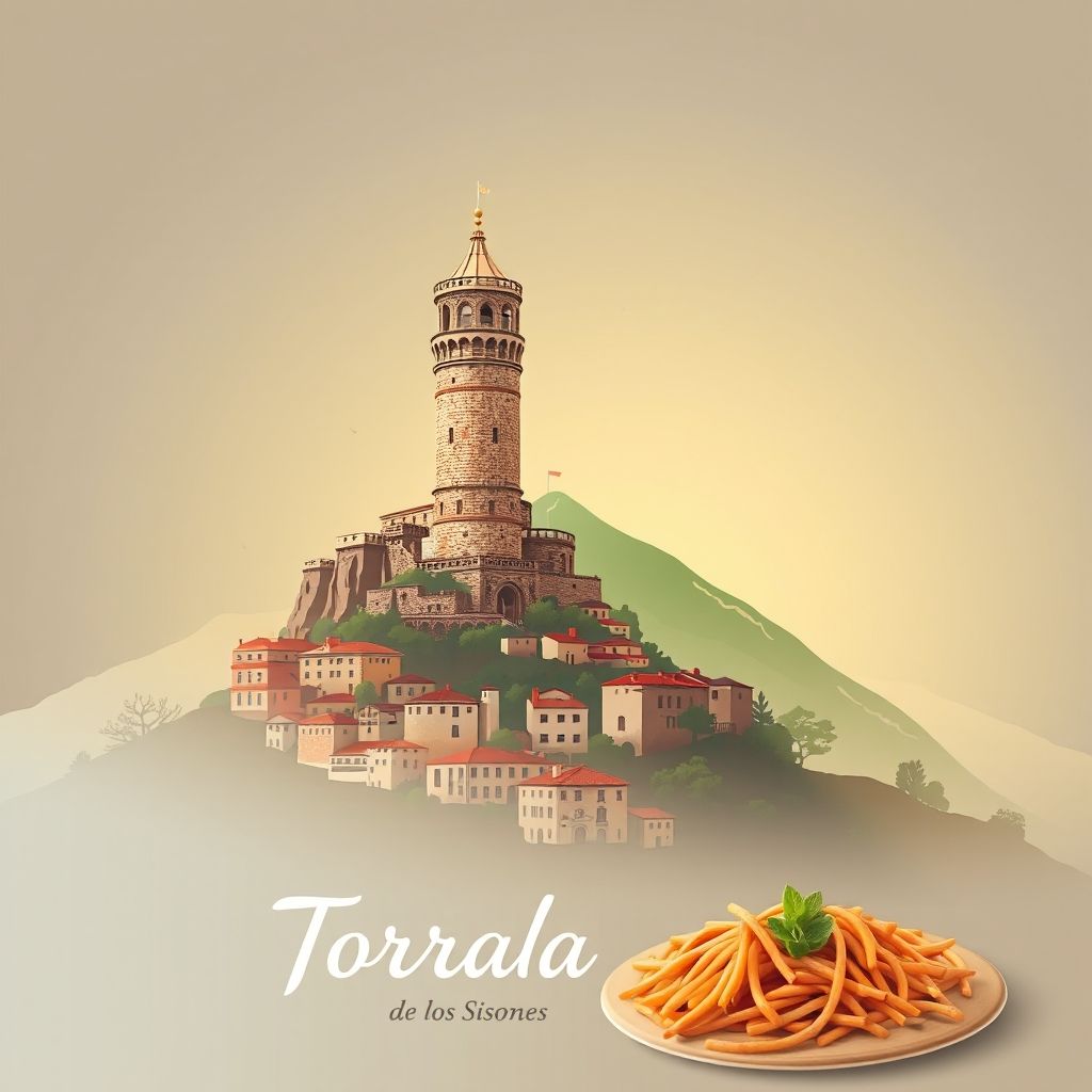 Gradient illustration of Torralba de los Sisones with Torre de la Iglesia, Sierra de Cucalon, and ternasco, highlighting regional culture and geography.
