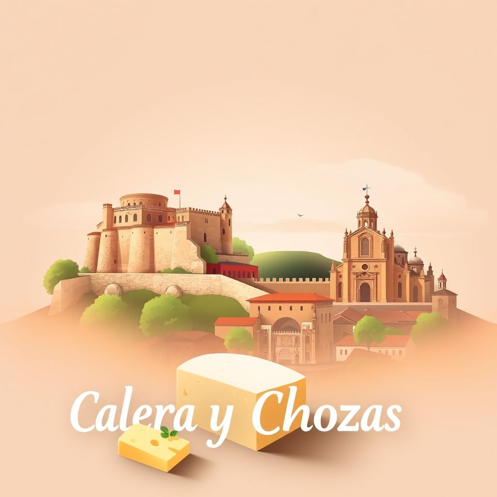 Ultra-high-definition gradient illustration of Calera y Chozas, featuring the Castillo de Dos Hermanas, Iglesia de San Pedro Apostol, Manchego cheese, and pisto manchego.