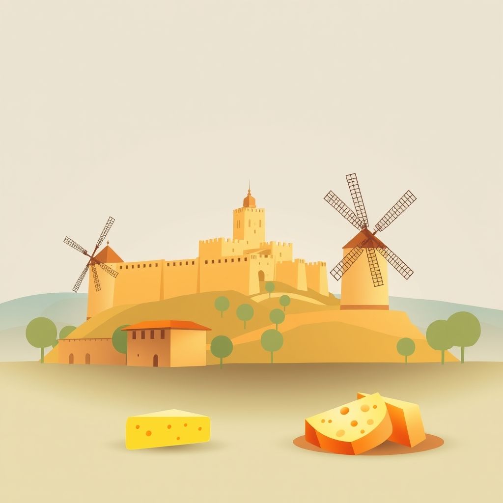 Ultra-high-definition gradient illustration of Retamoso de la Jara, featuring Castillo de San Servando, windmills of Consuegra, and Manchego cheese.