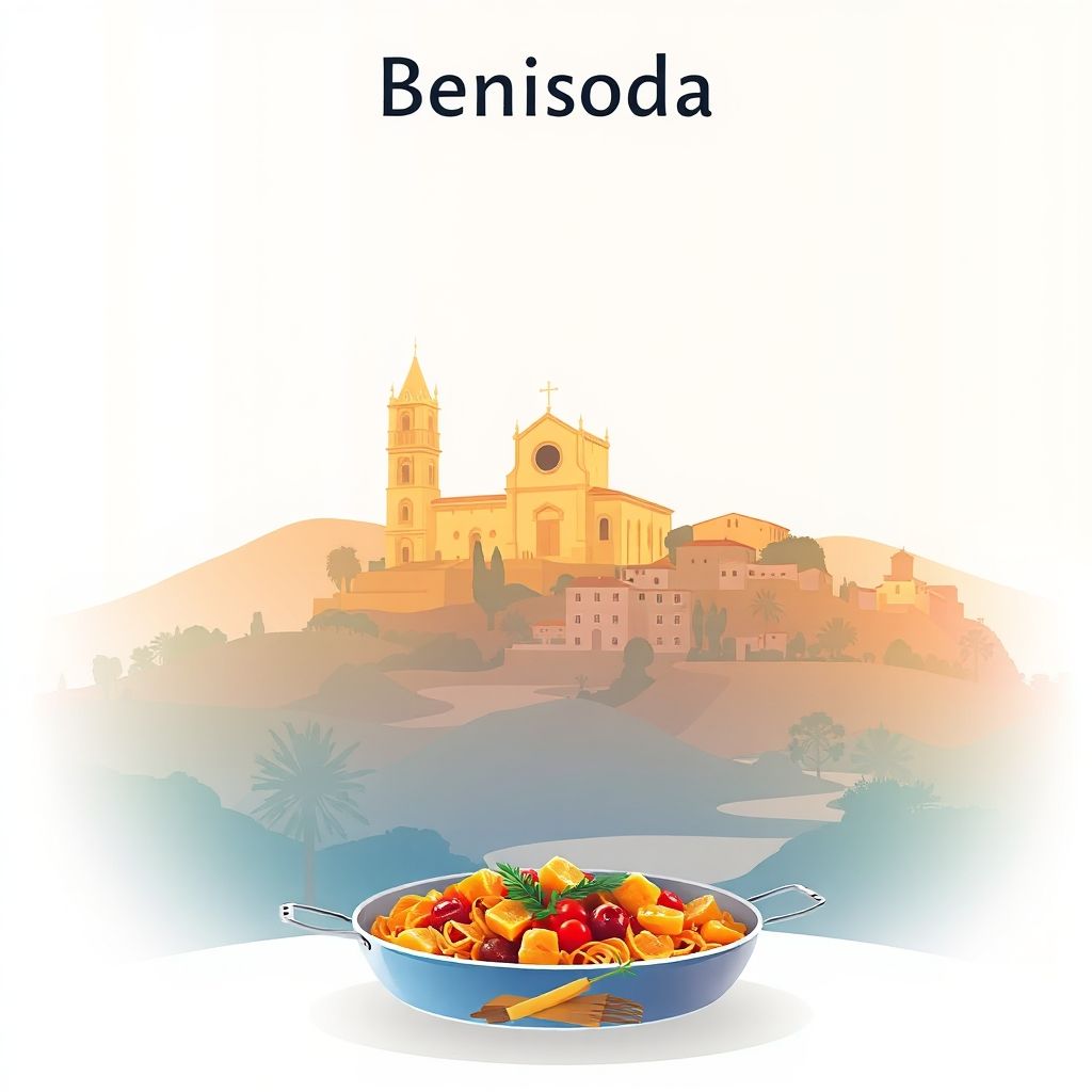 Ultra-high-definition gradient illustration of Benissoda featuring the Church of Saint Mary, countryside, and Valencian paella.