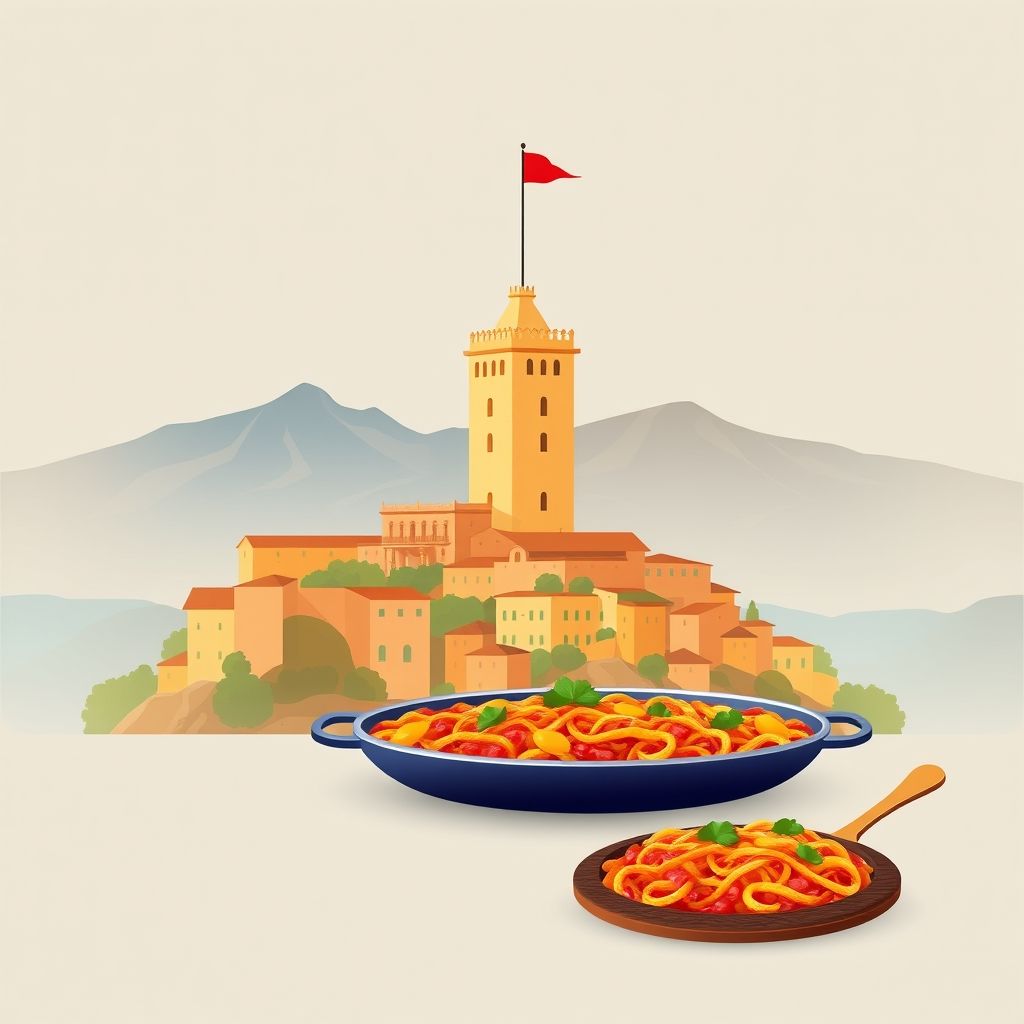 Ultra-high-definition gradient illustration of Bétera, featuring the Torre de Bétera, scenic mountains, and Valencia's famous paella.
