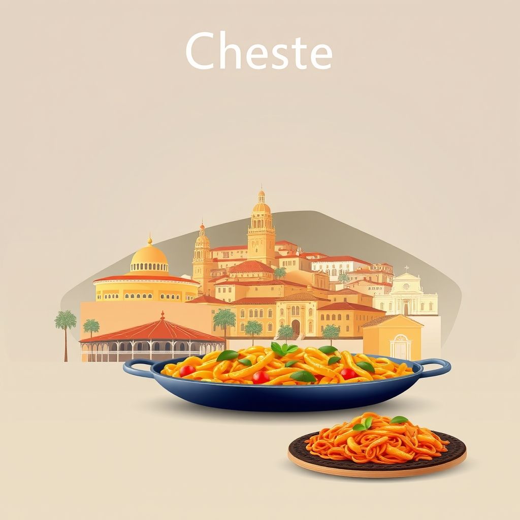 Ultra-high-definition gradient illustration of Cheste, Spain, featuring the Ricardo Tormo Circuit, historic town center, and Valencian paella.