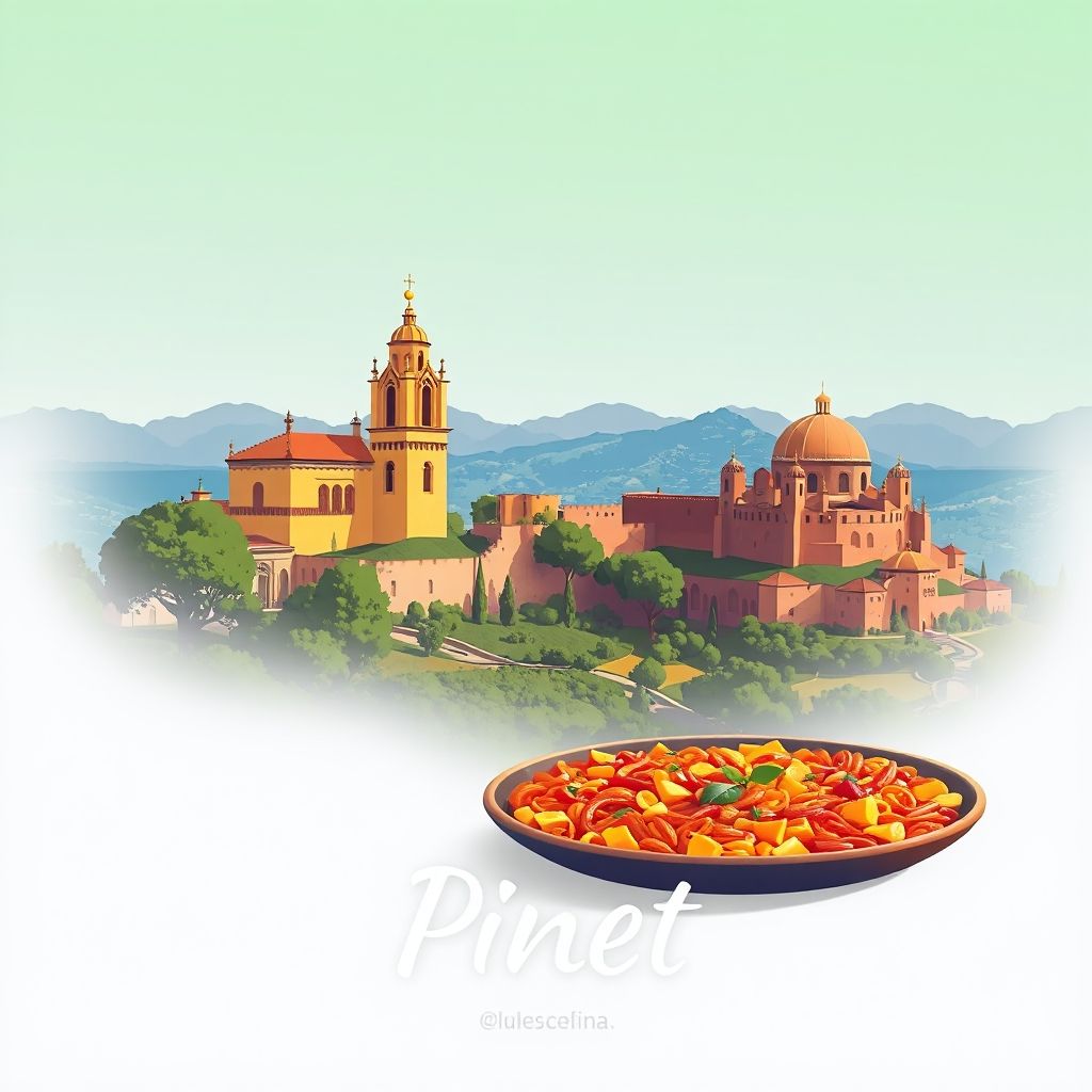 Ultra-high-definition gradient illustration of Pinet, Spain, featuring the Church of San Pedro, countryside landscapes, and Paella Valenciana.