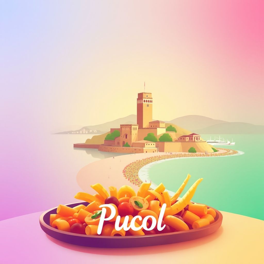 Ultra-high-definition gradient illustration of Puçol featuring the Torre de Puçol, Mediterranean coastline, and paella, highlighting the region's unique charm.