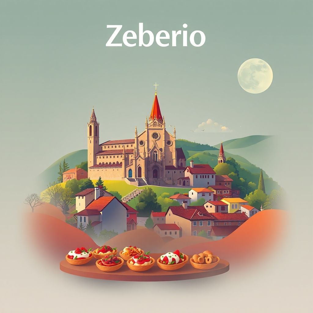 Ultra-high-definition gradient illustration of Zeberio, featuring the Church of San Andrés, Undurraga neighborhood landscapes, and pintxos.