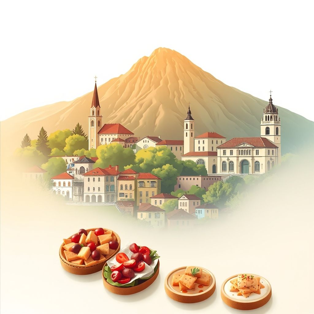 Ultra-high-definition gradient illustration of Mendata, featuring Gorbea Mountain, historic churches, and pintxos.