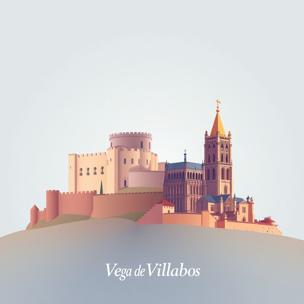Ultra-high-definition gradient illustration of Vega de Villalobos, Spain, featuring the Castillo de Zamora, the Cathedral of Zamora, Romanesque architecture, and Zamorano cheese.