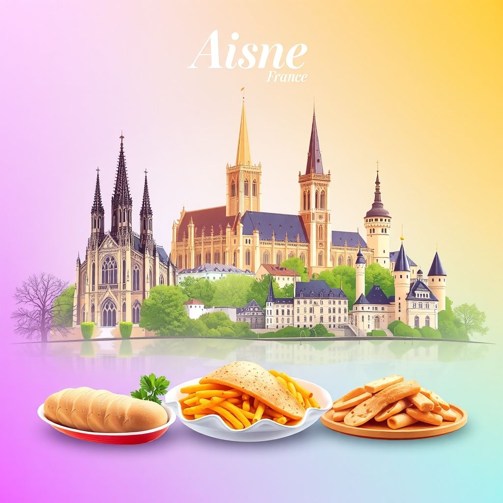 Ultra-high-definition gradient illustration of Aisne, featuring the Cathedral of Saint-Gervais-et-Saint-Protais, Château de Coucy, and Ficelle Picarde.