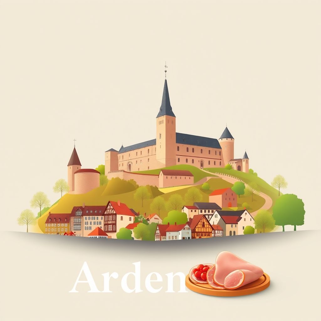 Ultra-high-definition gradient illustration of Ardennes, Grand Est, France, featuring Sedan Castle, Charleville-Mézières, and Ardennes ham.