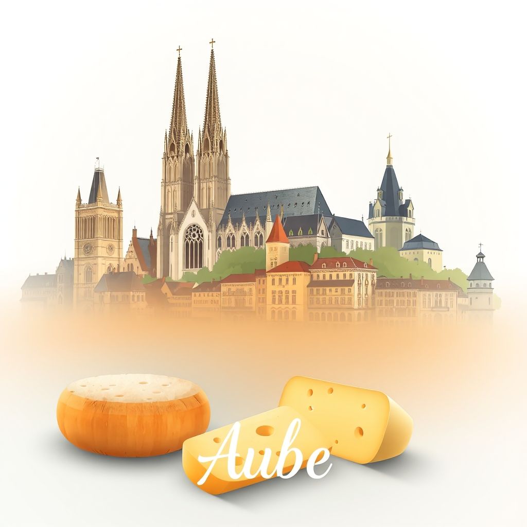 Ultra-high-definition gradient illustration of Aube, Grand Est, France, featuring the Cathedral of Troyes, historic center, and Chaource cheese.