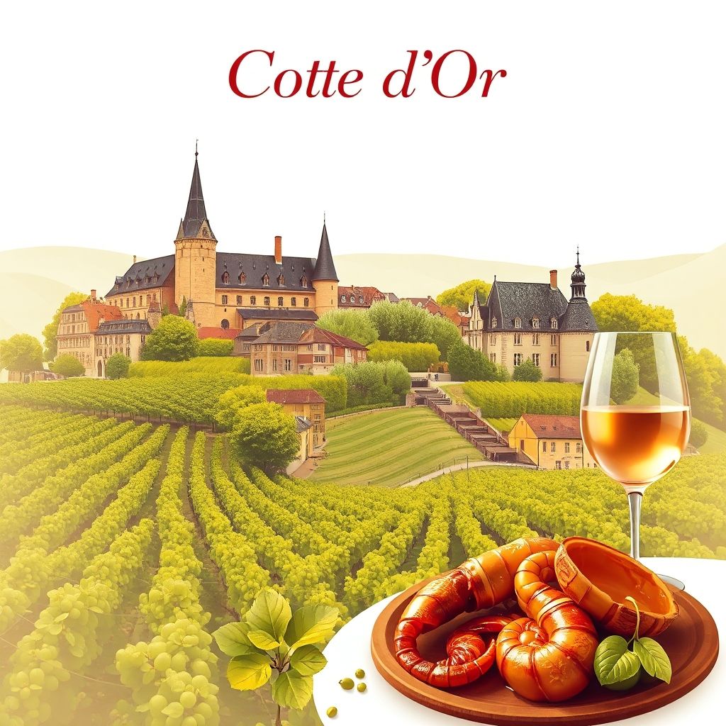 Ultra-high-definition gradient illustration of Cote d'Or, featuring Hospices de Beaune, Chateau du Clos de Vougeot, vineyards, Burgundy wine, escargot, and boeuf bourguignon.