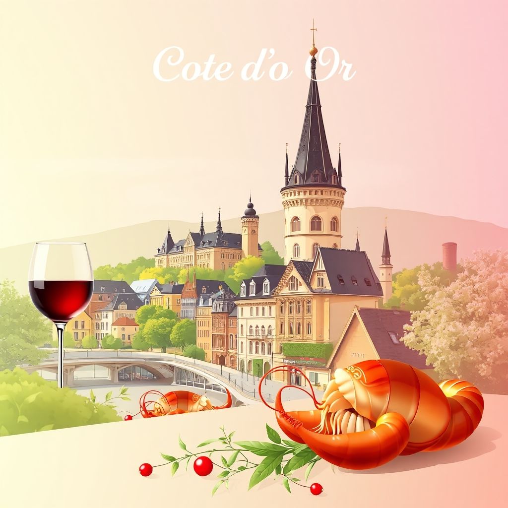 Ultra-high-definition gradient illustration of Cote d'Or, featuring Hospices de Beaune, Dijon's historic center, escargot, and Burgundy wine.