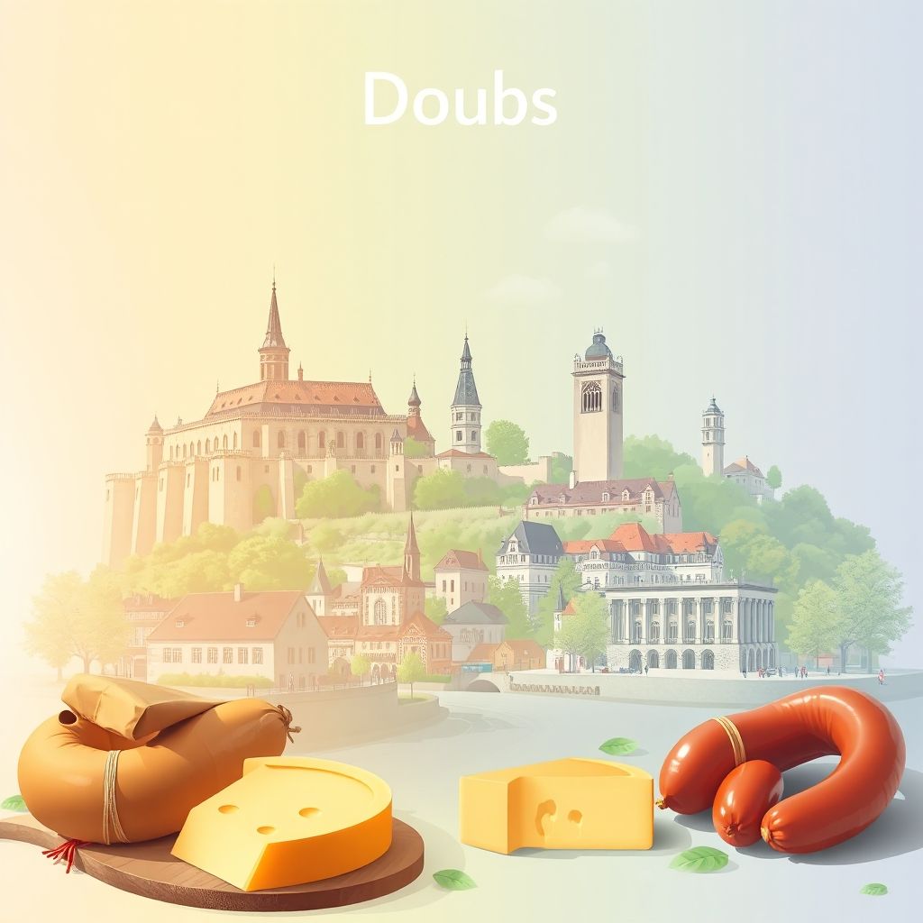 Ultra-high-definition gradient illustration of Doubs, featuring the Citadel of Besançon, Royal Saltworks at Arc-et-Senans, Mont d'Or cheese, and Morteau sausage.