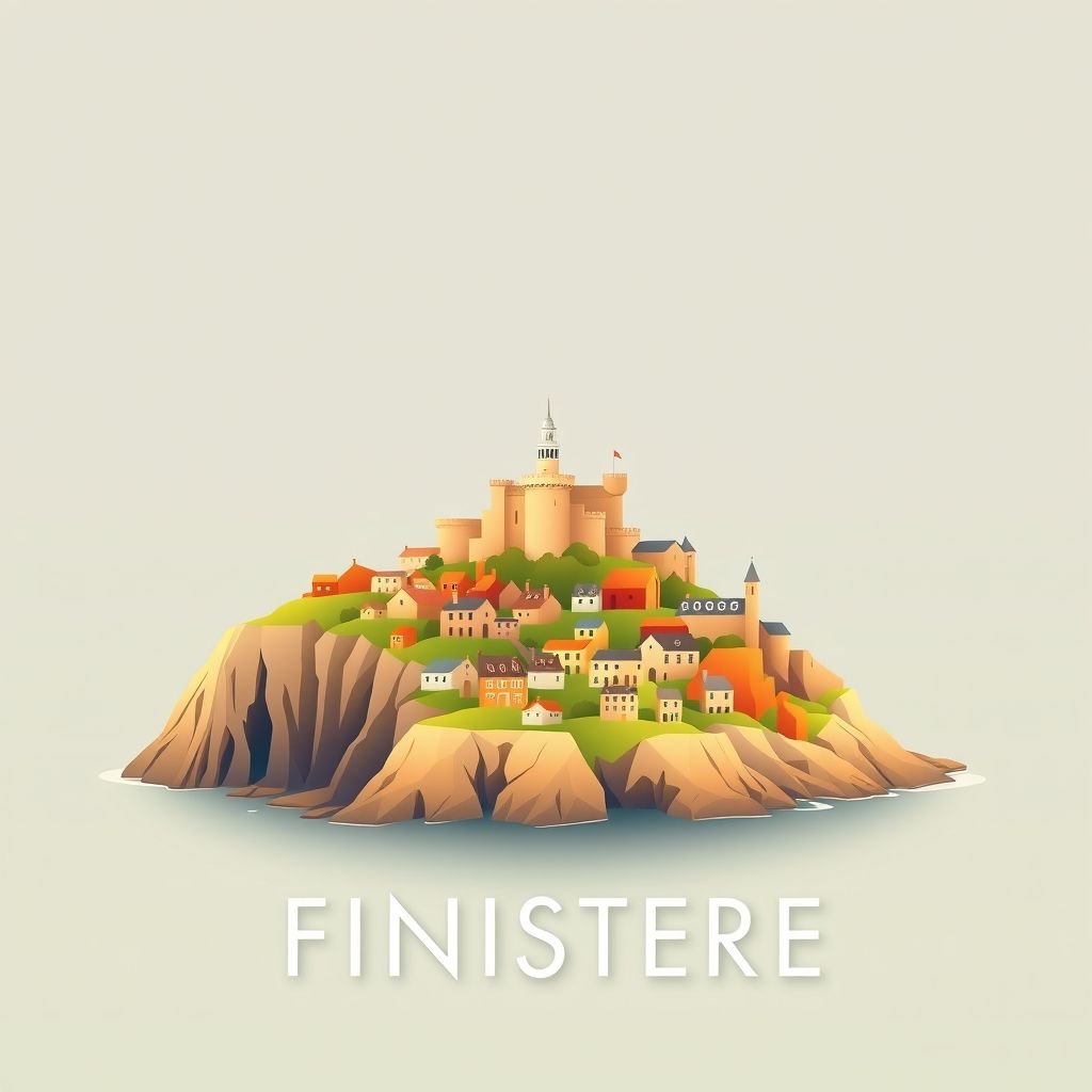 Ultra-high-definition gradient illustration of Finistere, Brittany, France, featuring Pointe du Raz, Crozon Peninsula, Celtic heritage, and Kouign-amann.
