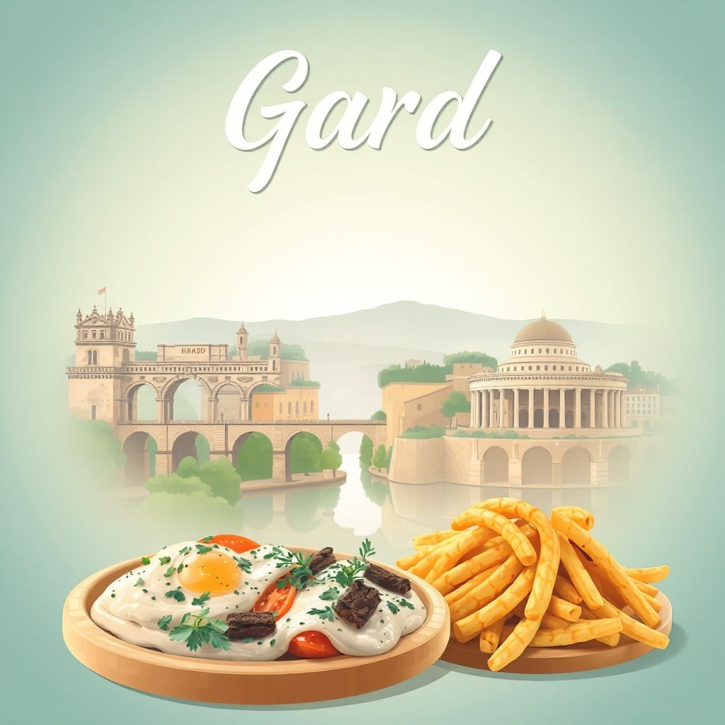 Ultra-high-definition gradient illustration of Gard, Occitanie, France, featuring the Pont du Gard, Nîmes Arena, and brandade de morue.