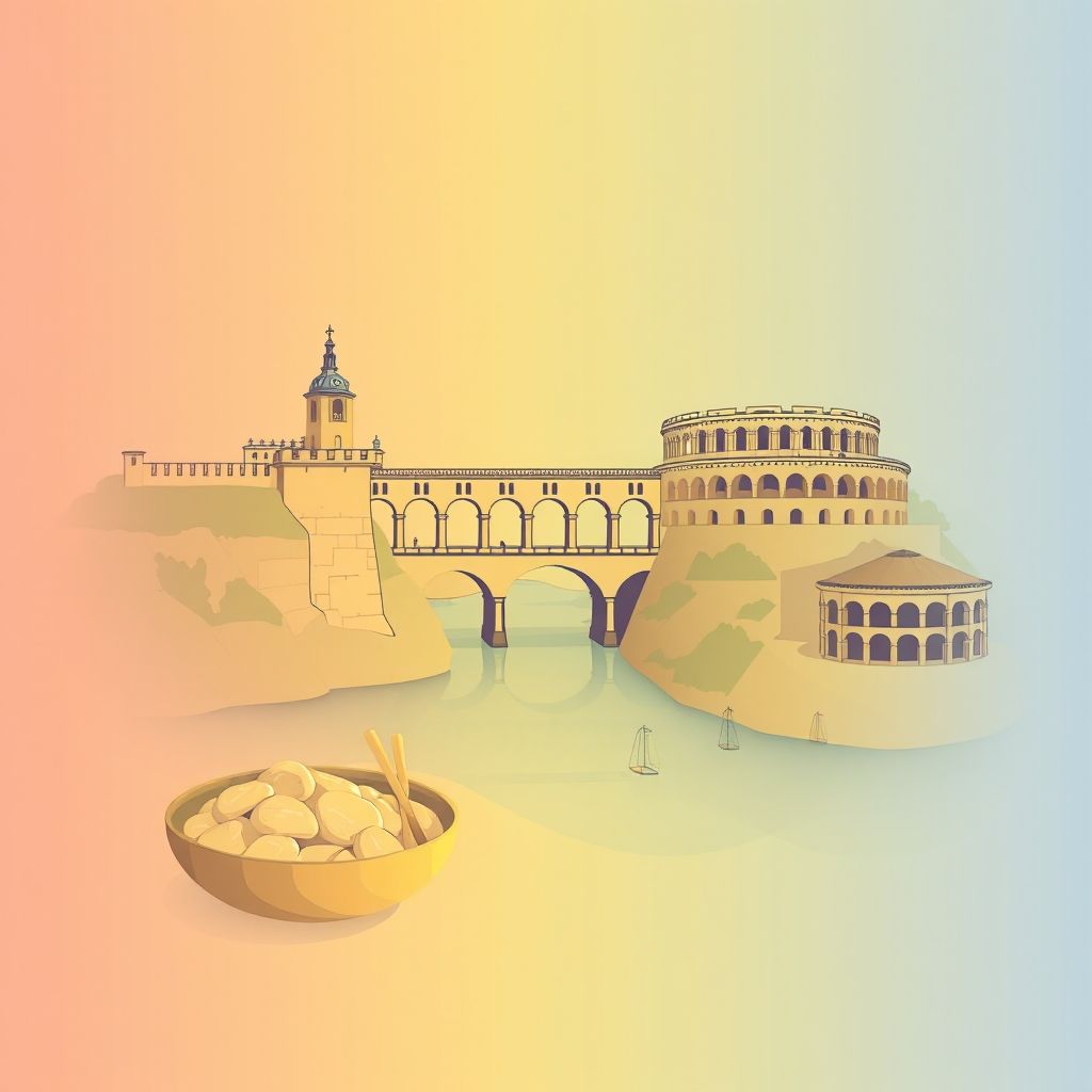 Ultra-high-definition gradient illustration of Gard, Occitanie, France, featuring the Pont du Gard, Nîmes Arena, and brandade de morue.