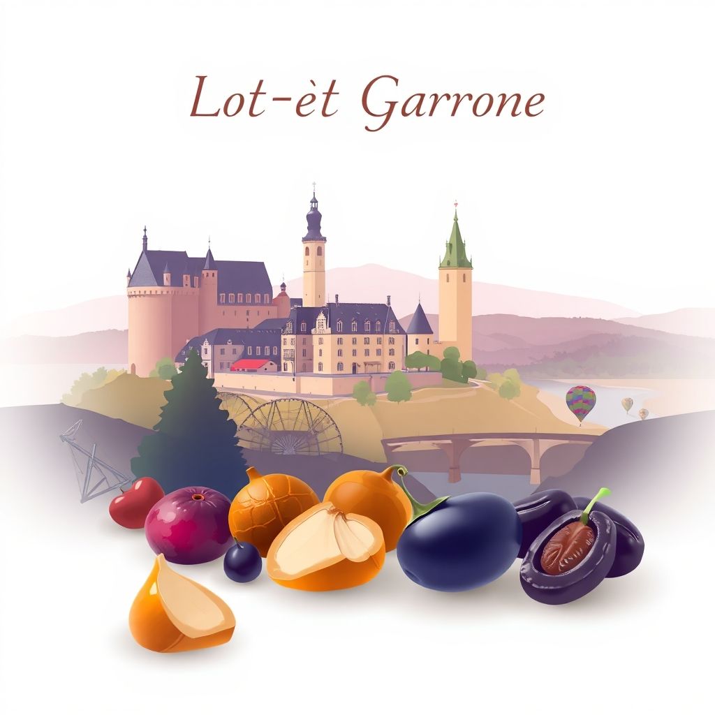 Ultra-high-definition gradient illustration of Lot-et-Garonne, Nouvelle-Aquitaine, France, featuring the Château de Bonaguil, the Lot River, foie gras, and prunes.