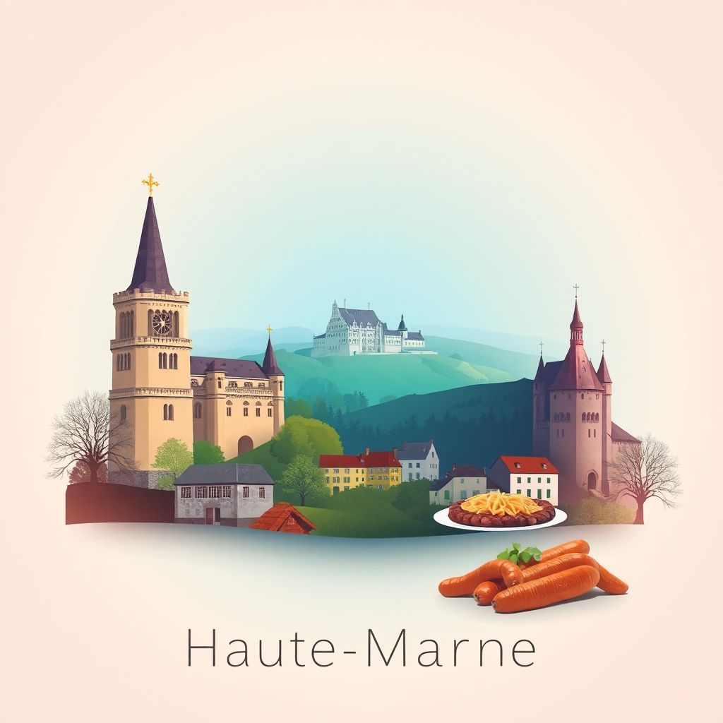Gradient illustration of Haute-Marne, Grand Est, France, featuring Château du Pailly, Langres plateau, and andouillette de Troyes.