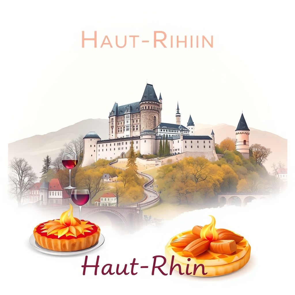 Ultra-high-definition gradient illustration of Haut-Rhin, featuring the Château du Haut-Kœnigsbourg, Route des Vins d'Alsace, and Tarte flambée.