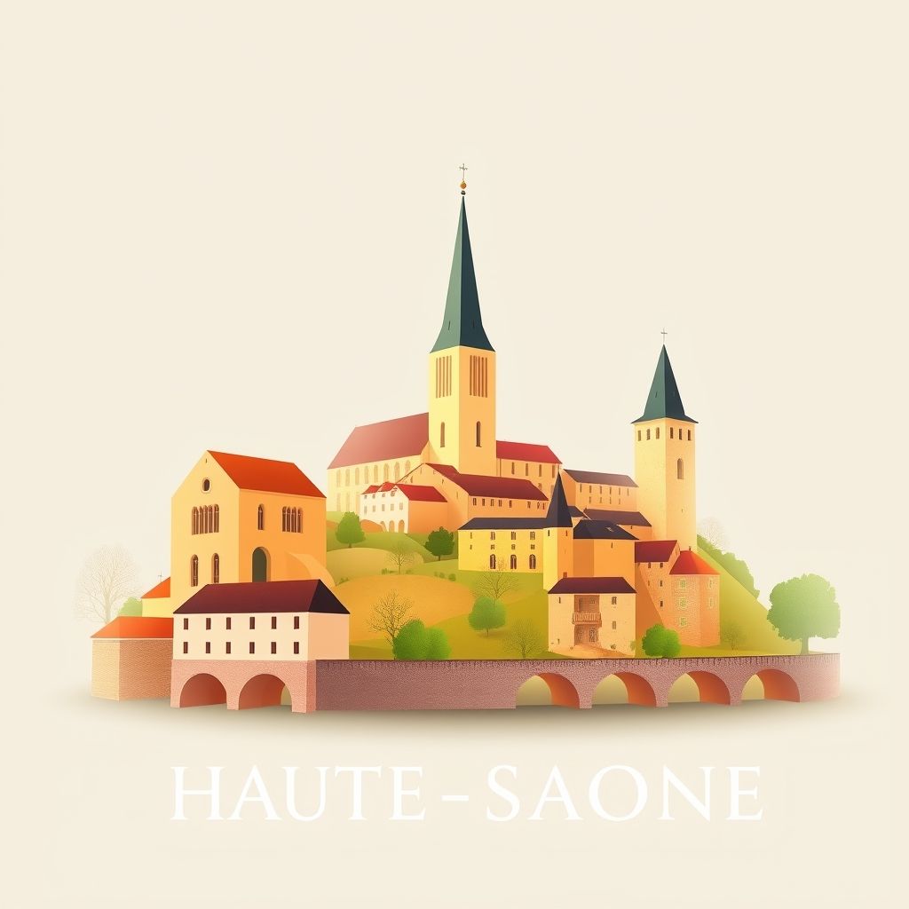 Ultra-high-definition gradient illustration of Haute-Saone, featuring the Chapelle de Ronchamp, the Château de Ray-sur-Saone, and cancoillotte cheese.
