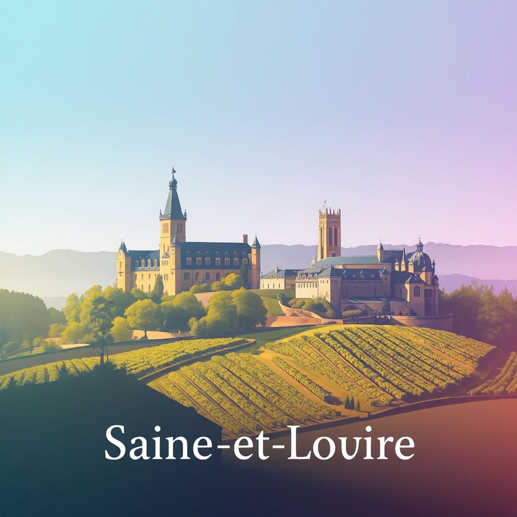 Ultra-high-definition gradient illustration of Saone-et-Loire, Bourgogne-Franche-Comte, France, featuring the Chateau de Cormatin, the Abbey of Cluny, and historical vineyards.