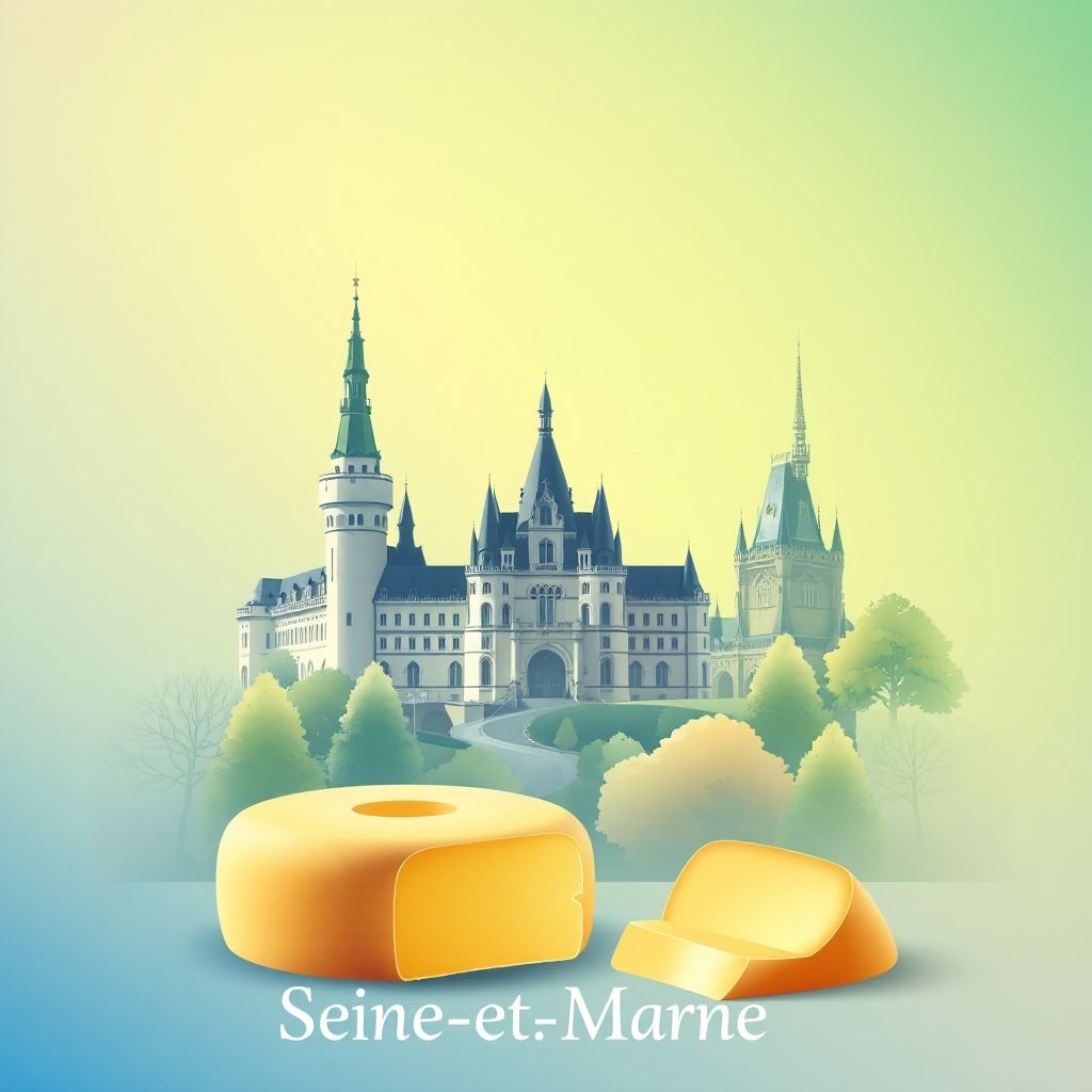 Ultra-high-definition gradient illustration of Seine-et-Marne, featuring the Château de Fontainebleau, Disneyland Paris castle, and Brie cheese.
