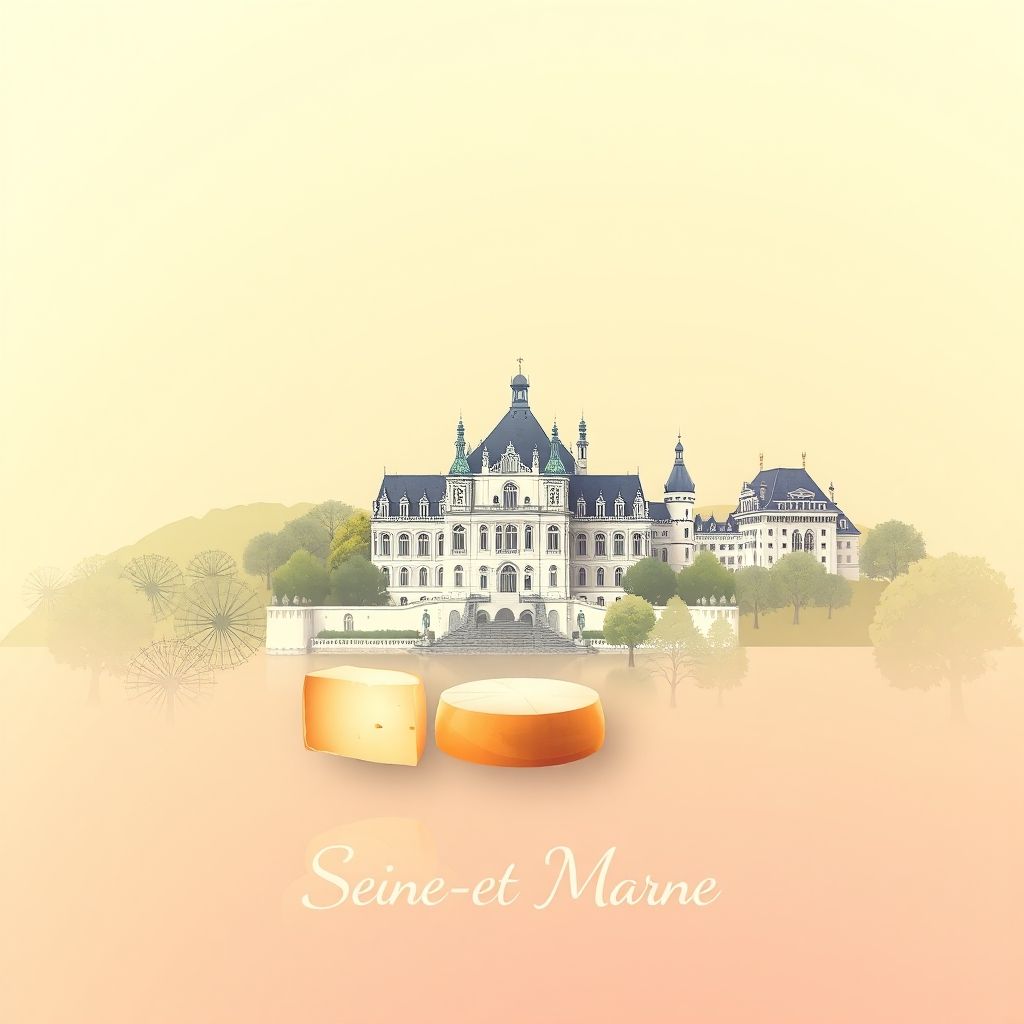 Ultra-high-definition gradient illustration of Seine-et-Marne, featuring the Château de Fontainebleau, the Château de Vaux-le-Vicomte, and Brie cheese.
