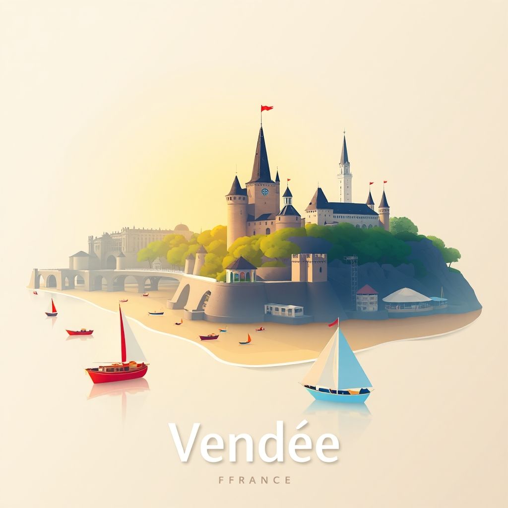 Ultra-high-definition gradient illustration of Vendee, featuring Puy du Fou, Les Sables-d'Olonne beaches, and traditional galette cake.