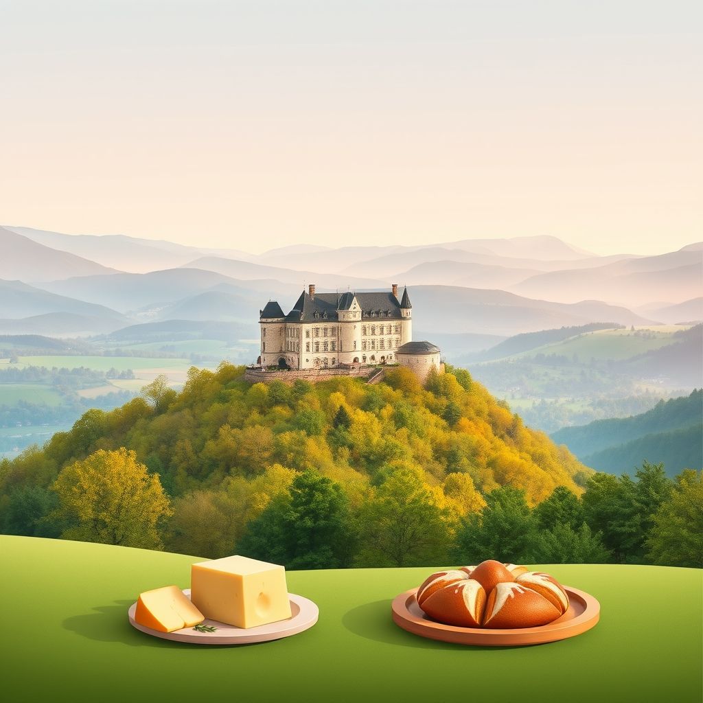 Ultra-high-definition gradient illustration of Vosges, Grand Est, France, highlighting the Château du Haut-Kœnigsbourg, the Ballons des Vosges Nature Park, Munster cheese, and Baeckeoffe.