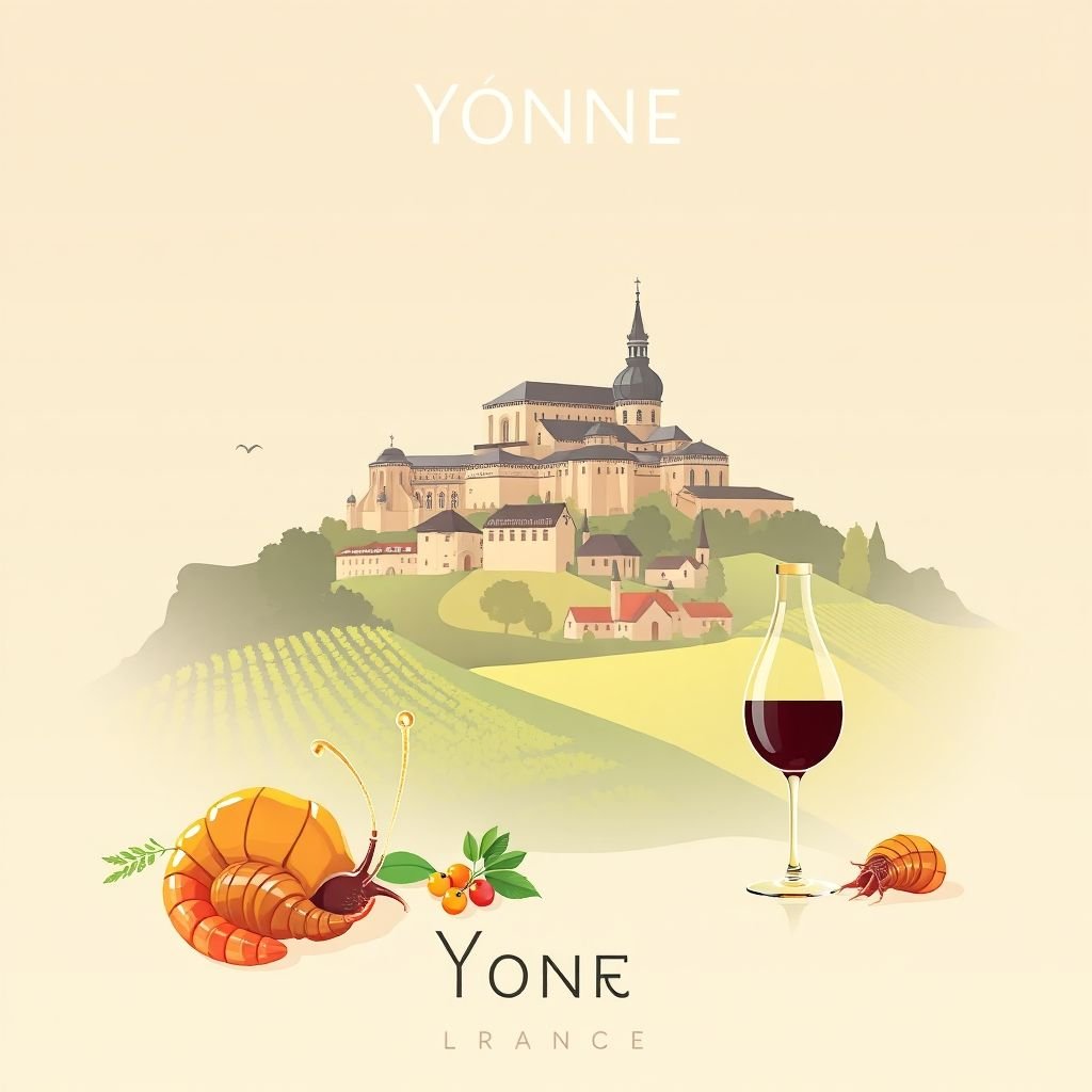 Ultra-high-definition gradient illustration of Yonne, featuring Vézelay Abbey, Chablis vineyards, escargot, and Burgundy wine.