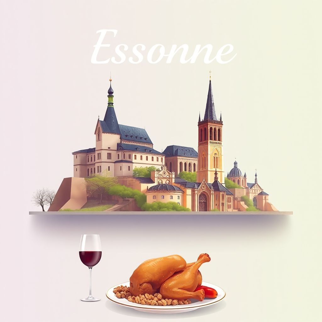 Ultra-high-definition gradient illustration of Essonne, featuring the Château de Courances, the Basilica of Saint-Mathieu, and local delicacies like Coq au Vin.