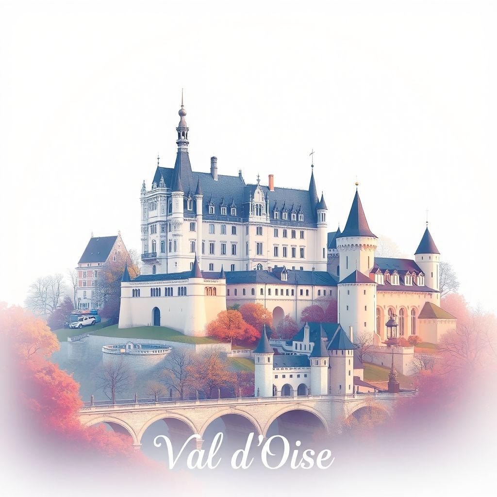Ultra-high-definition gradient illustration of Val d'Oise, Ile-de-France, France, featuring the Château de Chantilly, the Abbaye de Royaumont, and Chantilly cream.